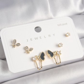 925 Ayar Gümüş Çivi Pirinç Zirkon Taşlı Kelebek Model Kadın Küpe Seti