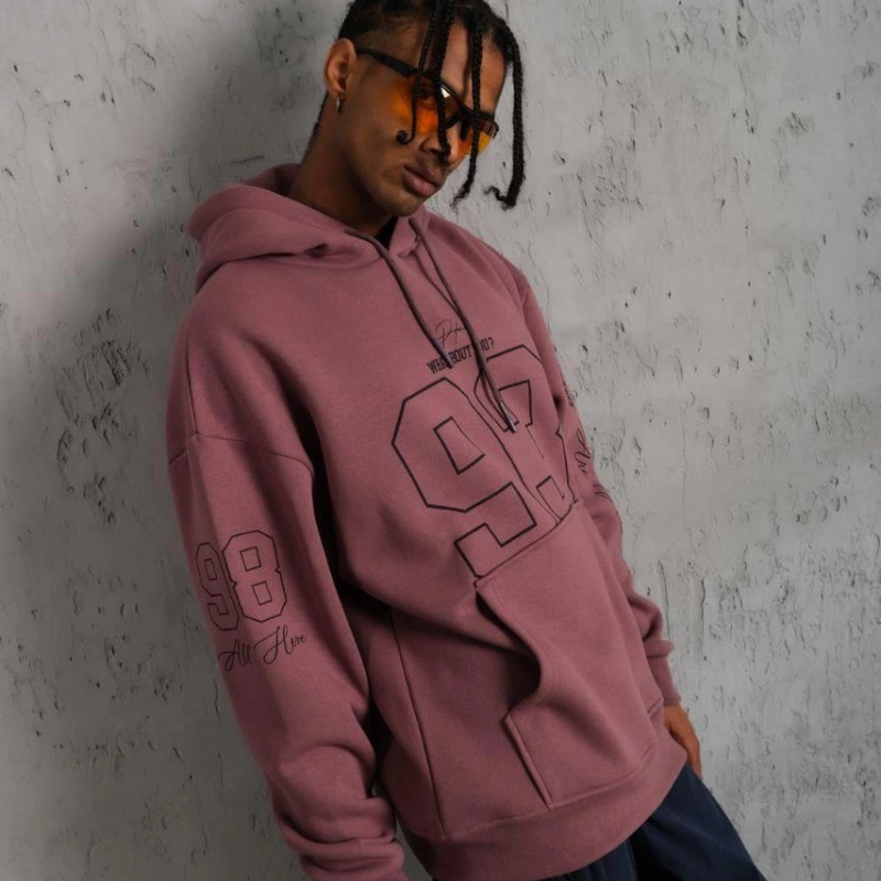 93 Dijital Parça Baskılı Kapşonlu Sweat - Gül Kurusu