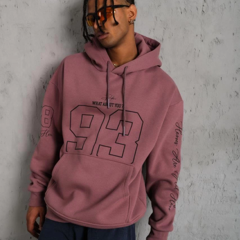 93 Dijital Parça Baskılı Kapşonlu Sweat - Gül Kurusu