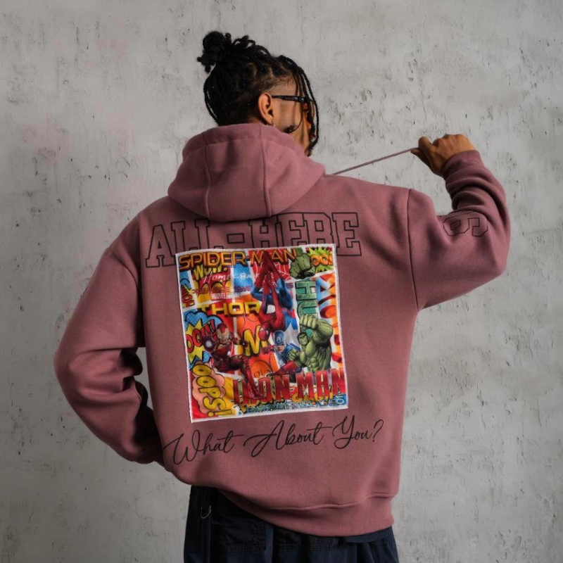 93 Dijital Parça Baskılı Kapşonlu Sweat - Gül Kurusu