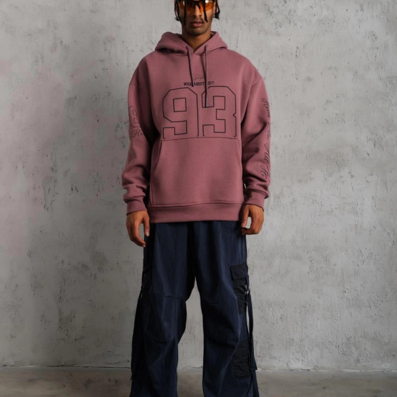 93 Dijital Parça Baskılı Kapşonlu Sweat - Gül Kurusu