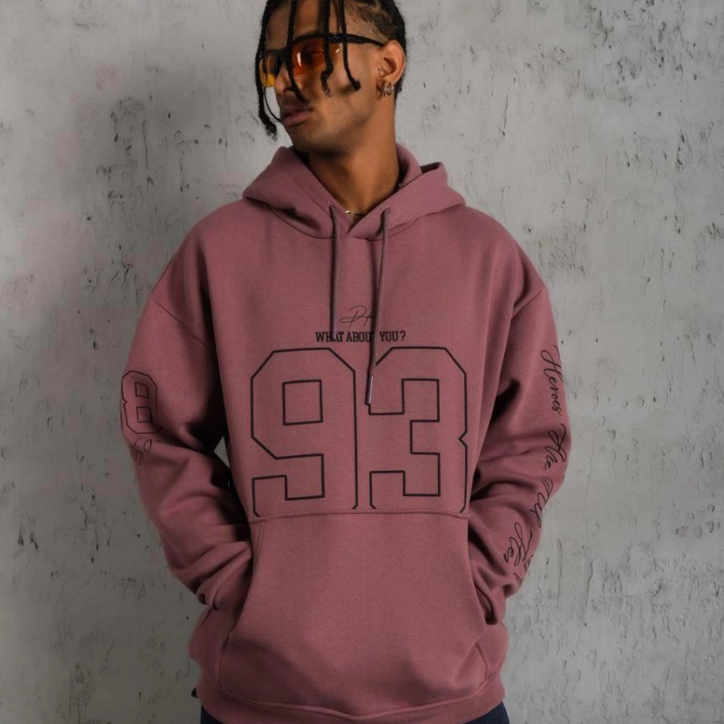 93 Dijital Parça Baskılı Kapşonlu Sweat - Gül Kurusu