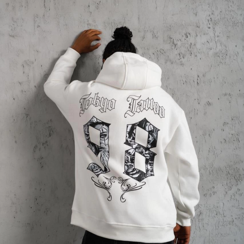 98 Baskılı Kapşonlu Sweat - Beyaz -