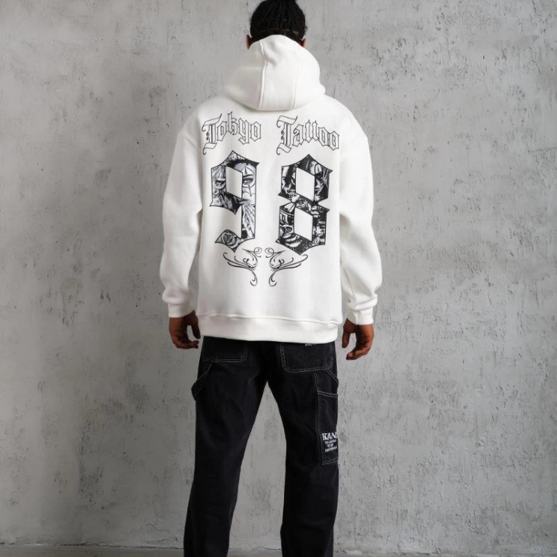 98 Baskılı Kapşonlu Sweat - Beyaz -