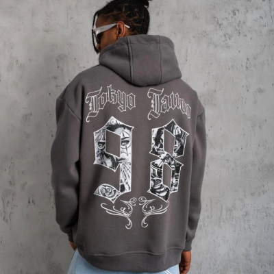 98 Baskılı Kapşonlu Sweat - Gri