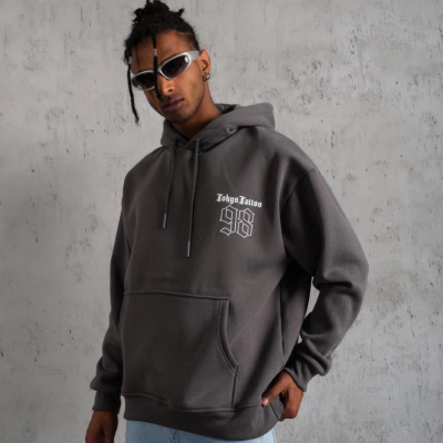 98 Baskılı Kapşonlu Sweat - Gri