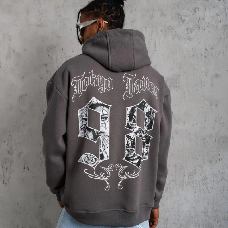 98 Baskılı Kapşonlu Sweat - Gri