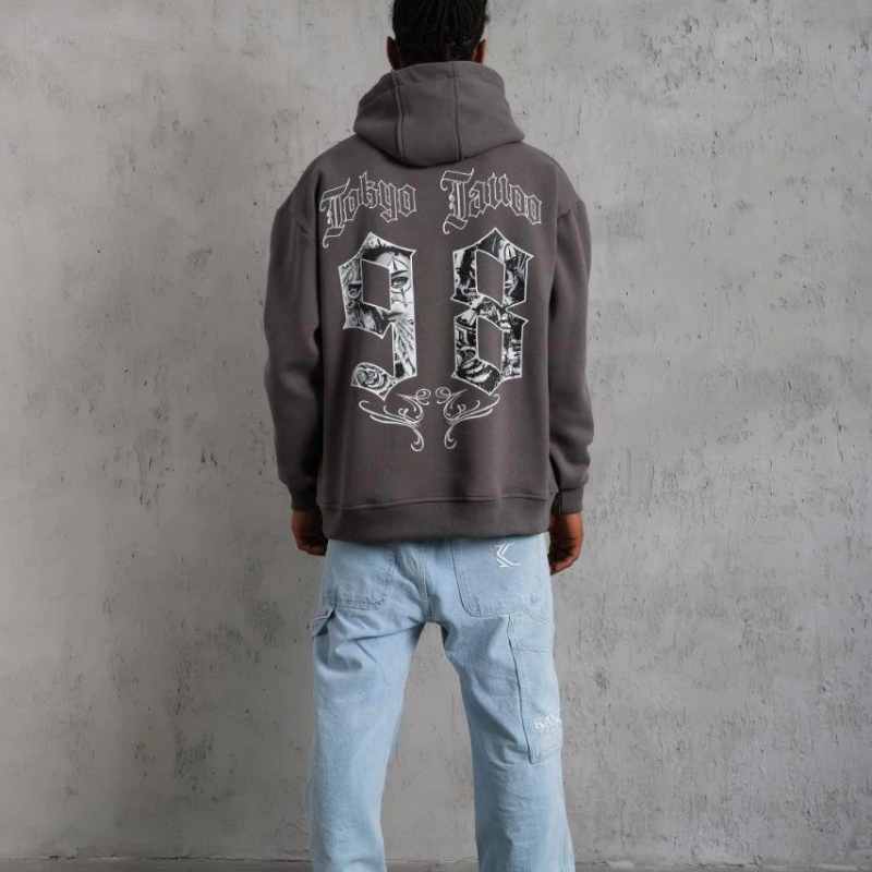 98 Baskılı Kapşonlu Sweat - Gri