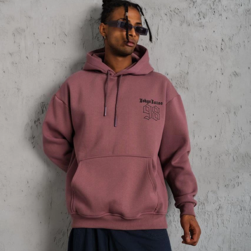 98 Baskılı Kapşonlu Sweat - Gül Kurusu