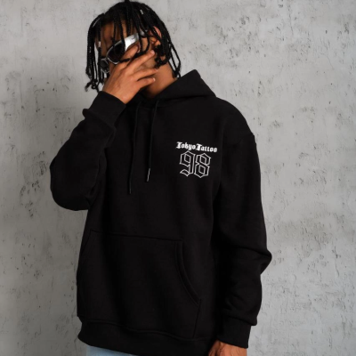 98 Baskılı Kapşonlu Sweat - Siyah -