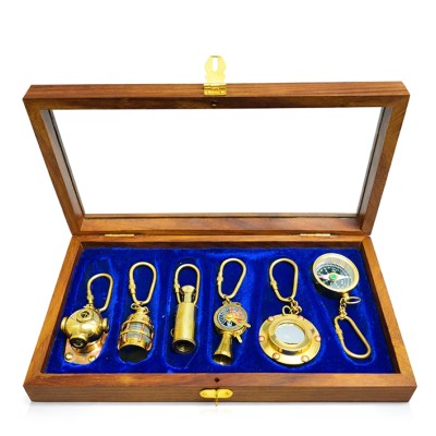Ahşap Kutulu Denizci Temalı Pirinç Anahtarlık Seti 