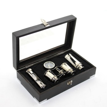 Ahşap Kutulu Pirinç Dürbün Pusula Ve Kum Saati Seti 