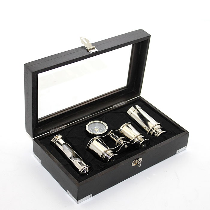 Ahşap Kutulu Pirinç Dürbün Pusula Ve Kum Saati Seti 