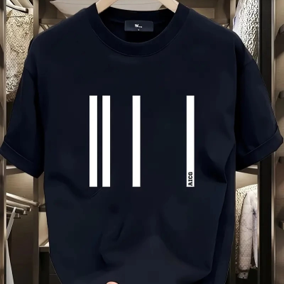 AICG Ön Arka Baskılı Bisiklet Yaka   Oversize Bisiklet Yaka T-shirt - Siyah -