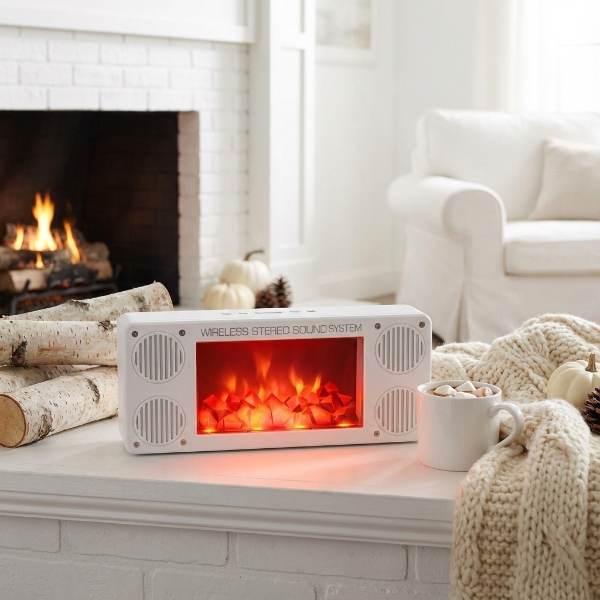 Alev Şömine Efektli Bluetooth Hoparlör Beyaz 