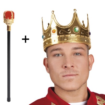 Altın Kral Tacı ve Kırmızı Topuzlu Asası Seti