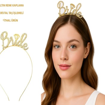 Altın Renkli Taşlı “Bride” Gelin Tacı