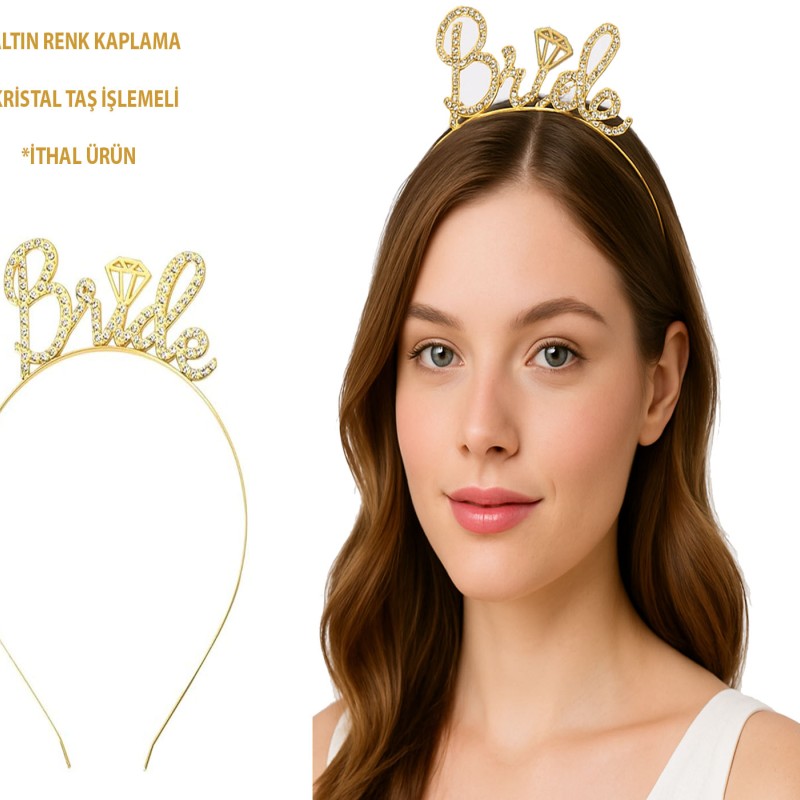 Altın Renkli Taşlı “Bride” Gelin Tacı
