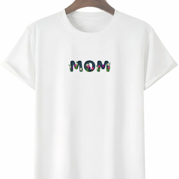 Anneler Gününe Özel Tasarım mom Çiçek Baskılı T-shirt - Beyaz -