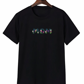 Anneler Gününe Özel Tasarım mom Çiçek Baskılı T-shirt - Siyah -