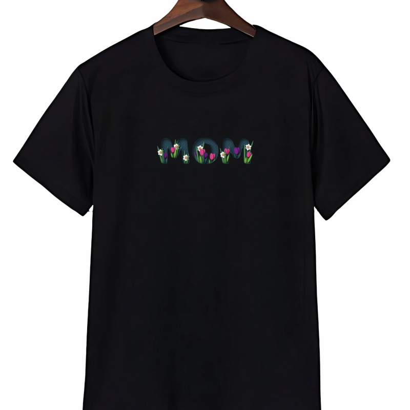 Anneler Gününe Özel Tasarım mom Çiçek Baskılı T-shirt - Siyah -