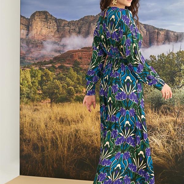 Arias Closet %100 Viskon Çiçek Desenli Truvakar Kollu Saten Elbise