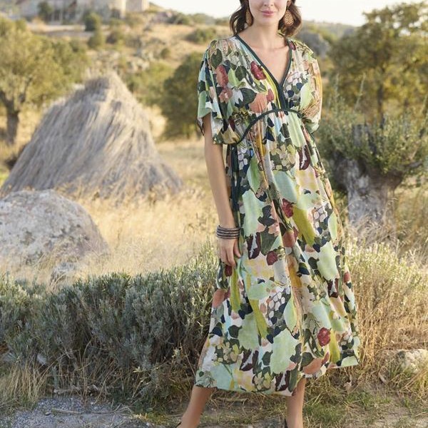 Arias Closet %100 Viskon Çiçek Ve Yaprak Desenli Kısa Kollu Elbise