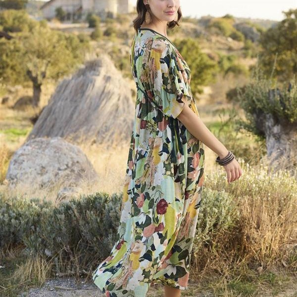 Arias Closet %100 Viskon Çiçek Ve Yaprak Desenli Kısa Kollu Elbise