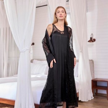 Arias Closet %100 Viskon Dantelli Ve Dekolteli Saten Sabahlık Takımı