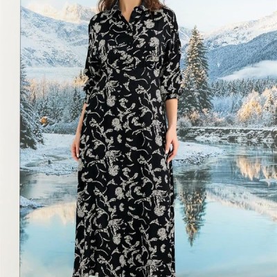 Arias Closet %100 Viskon Desenli Truvakar Kollu Saten Elbise