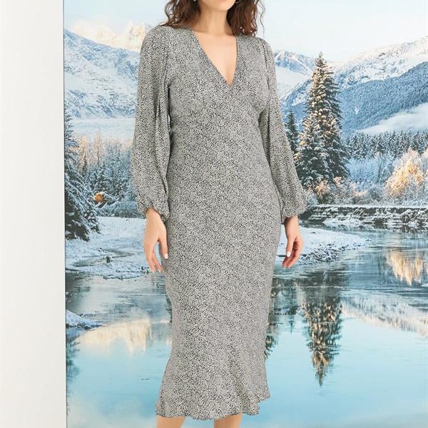 Arias Closet %100 Viskon Desenli Uzun Kollu Saten Elbise