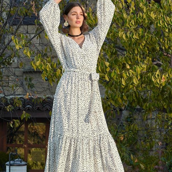 Arias Closet %100 Viskon Puantiye Desenli Kuşaklı Elbise