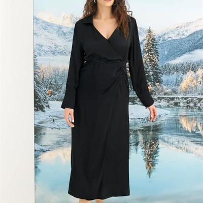 Arias Closet %100 Viskon Uzun Kollu Saten Elbise