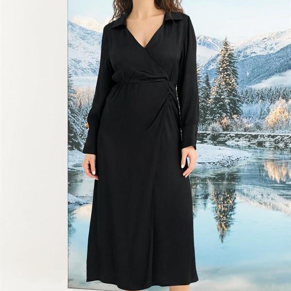 Arias Closet %100 Viskon Uzun Kollu Saten Elbise