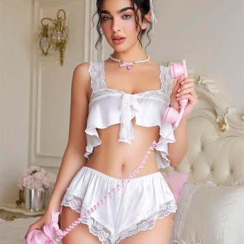 Arias Closet Beyaz Dantel İşlemeli Sütyenli Saten Şortlu Takım