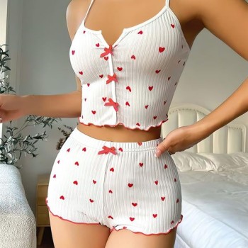 Arias Closet Beyaz Fiyonk Desenli Kalpli Askılı Şortlu Pijama Takım