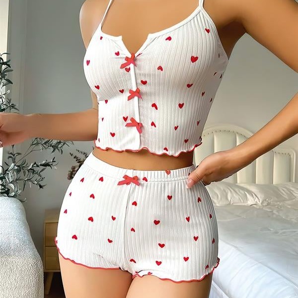 Arias Closet Beyaz Fiyonk Desenli Kalpli Askılı Şortlu Pijama Takım