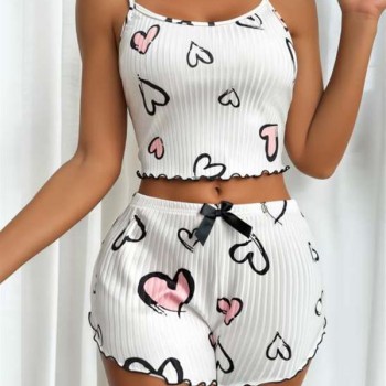 Arias Closet Beyaz Üstüne Kalp Desenli Askılı Şortlu Pijama Takımı