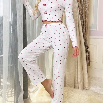 Arias Closet Beyaz Üstüne Kalp Desenli Kırmızı Kurdelalı Pamuklu Pijama Takımı