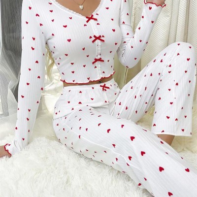 Arias Closet Beyaz Üstüne Kalp Desenli Kırmızı Kurdelalı Pamuklu Pijama Takımı