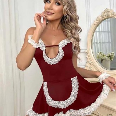 Arias Closet Bordo Beyaz Aksesuarlı Dantelli Fantezi Hizmetçi Kostümü