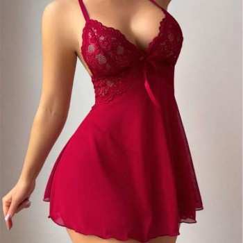 Arias Closet Bordo Dantel İşlemeli Boyundan Bağlamalı Likralı Fantezi Tül Gecelik