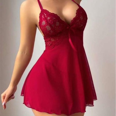 Arias Closet Bordo Dantel İşlemeli Boyundan Bağlamalı Likralı Fantezi Tül Gecelik