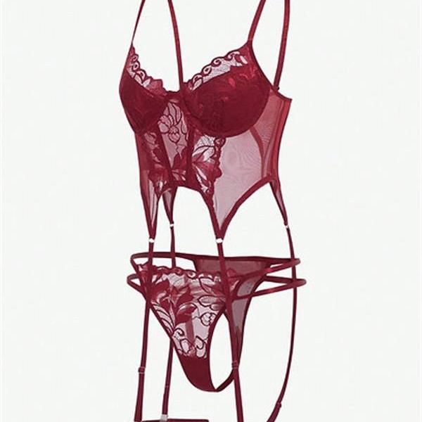 Arias Closet Bordo Dantel İşlemeli Göğüs Dekolteli Fantezi Jartiyer Takımı
