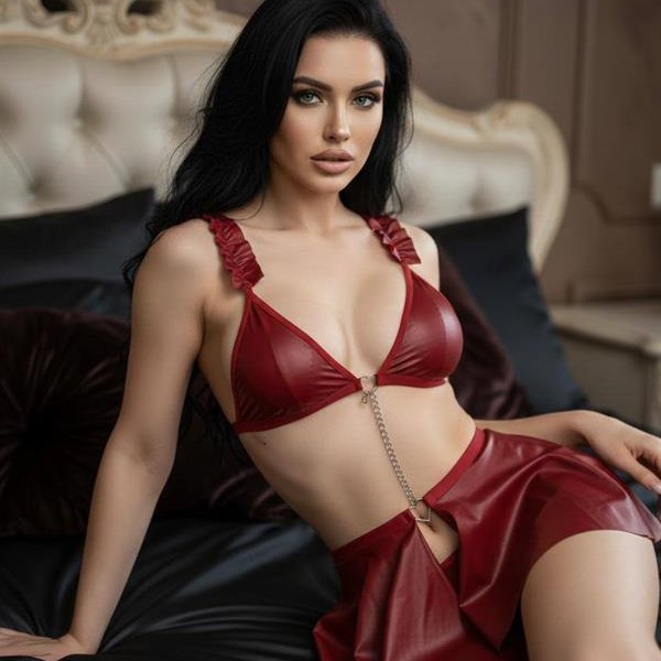 Arias Closet Bordo Göğüs Dekolteli Mini Etekli Fantezi Deri Takım