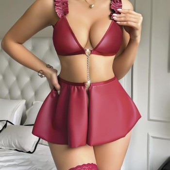 Arias Closet Bordo Göğüs Dekolteli Mini Etekli Fantezi Deri Takım