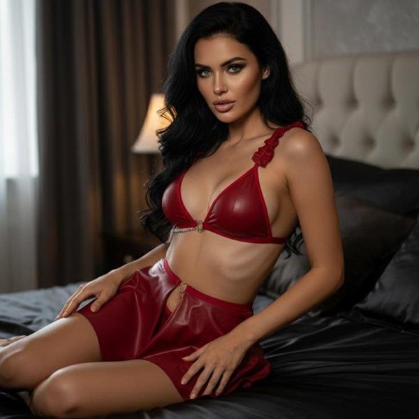 Arias Closet Bordo Göğüs Dekolteli Mini Etekli Fantezi Deri Takım