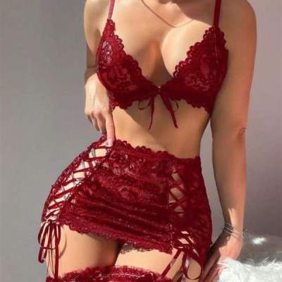 Arias Closet Bordo Transparan Dantel İşlemeli İp Detaylı Fantezi Takım