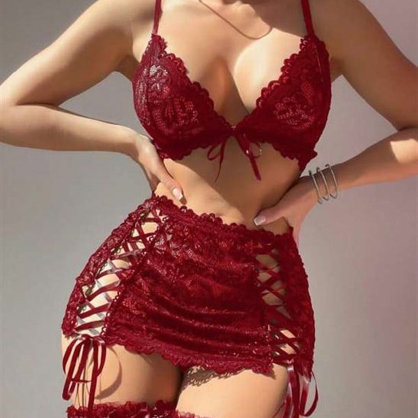 Arias Closet Bordo Transparan Dantel İşlemeli İp Detaylı Fantezi Takım