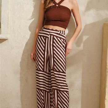 Arias Closet Boyundan Bağlamalı Çizgili Yazlık Uzun İp Detaylı Pijama Takımı